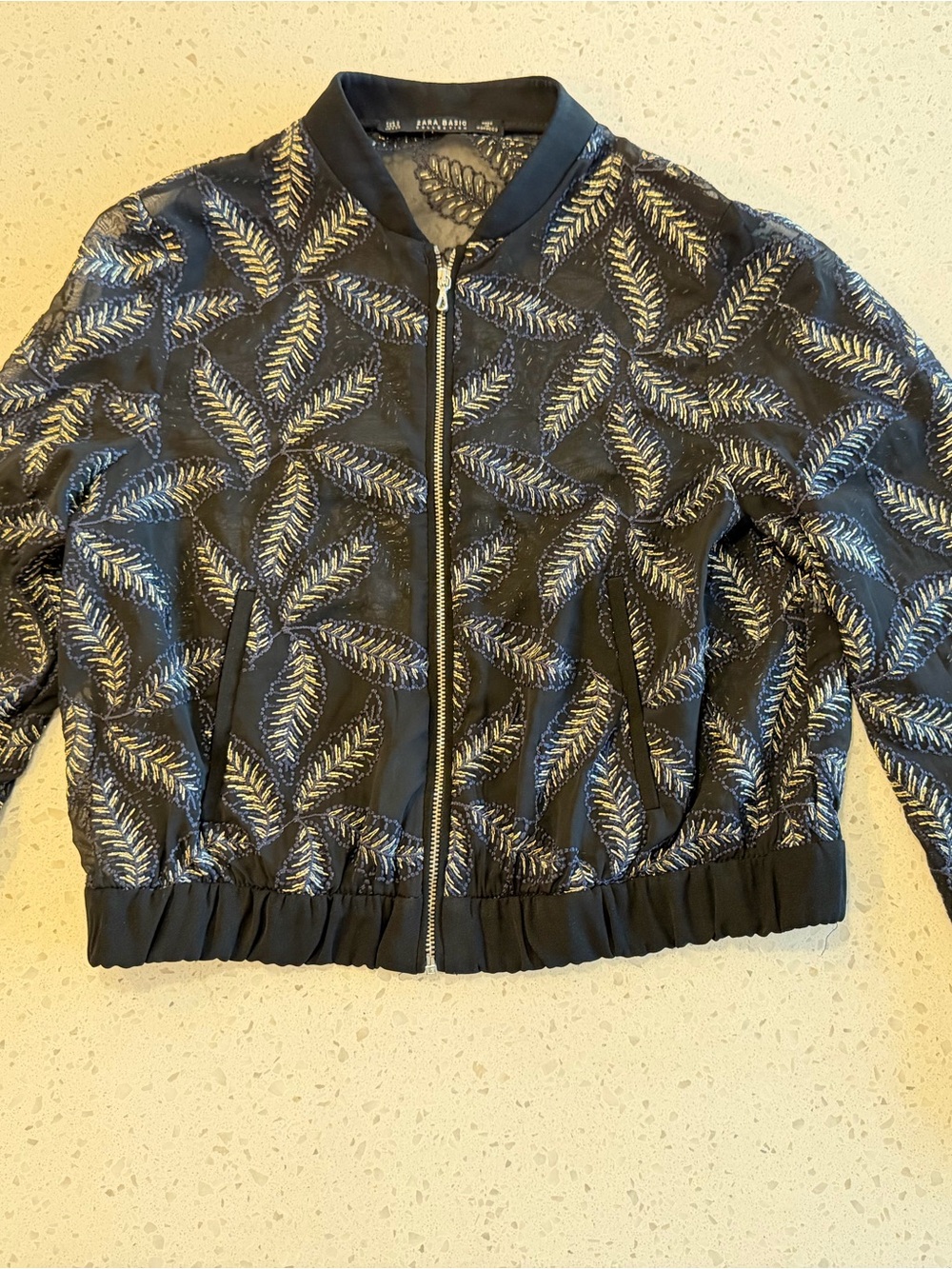 Zara Black Bomber Jacket with Metallic Leaf Embroidery